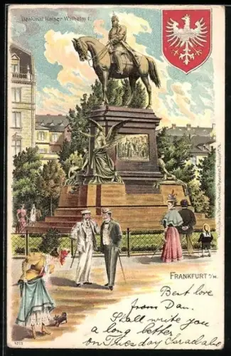 Lithographie Frankfurt /Main, Spaziergänger und Hund am Kaiser Wilhelm Denkmal, Wappen