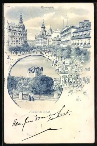 Lithographie Frankfurt, Rossmarkt mit Hessendenkmal
