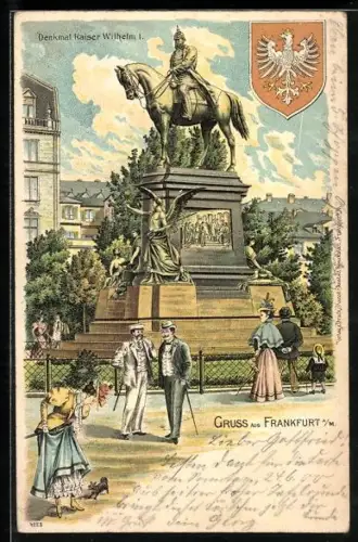 Lithographie Frankfurt /Main, Denkmal Kaiser Wilhelm I., Wappen