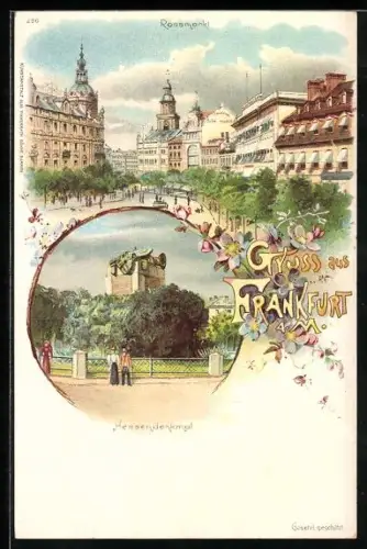 Lithographie Frankfurt, Rossmarkt mit Hessendenkmal