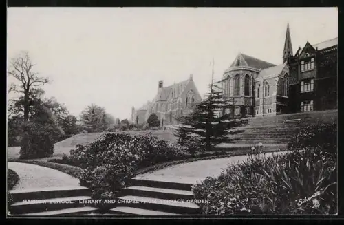 AK London, Harrow School, Library and Chapel from Terrace Garden