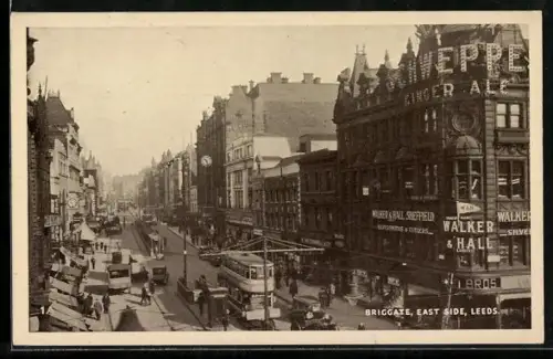 AK Leeds, Briggate, East Side, Strassenbahn