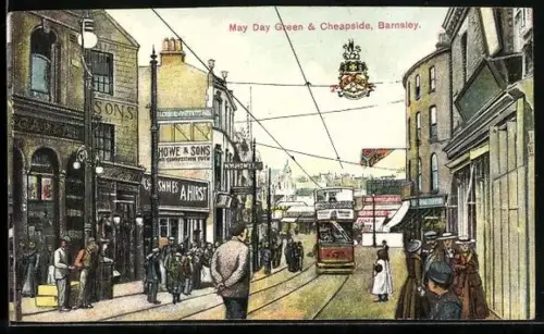 Künstler-AK Barnsley, May Day Green & Cheapside, Strassenbahn