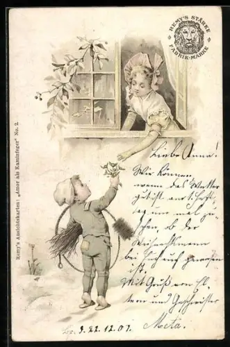 Lithographie Kleiner Schornsteinfeger gibt Mädchen Lorbeerzweige, Amidon Remy, Reisstärke, Reklame