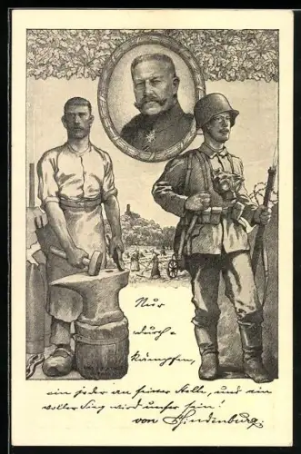 AK Paul von Hindenburg, Portrait im Kranz, Soldat und Schmied