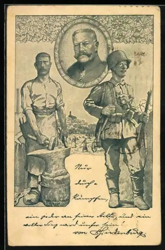 AK Paul von Hindenburg, Portrait im Kranz, Soldat und Schmied