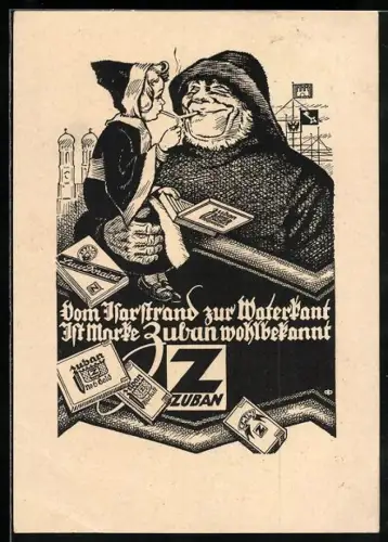 AK Werbung für Tabak-Marke Zuban, Seemann im Ölzeug mit Südwester und Zigarette