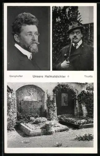 AK Unsere Heimatdichter, Grabmähler von Ganghofer und Thoma