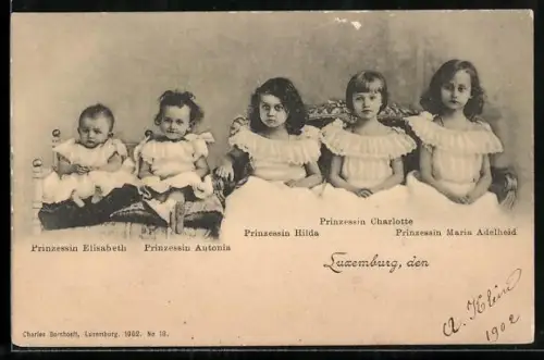 AK Elisabeth, Antonia, Hilda, Charlotte und Maria Adelheid, Die Prinzessinnen von Luxemburg als Kleinkinder