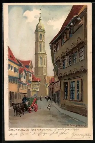 Künstler-Lithographie Zeno Diemer: Braunschweig, Strassenpartie an der Andreaskirche