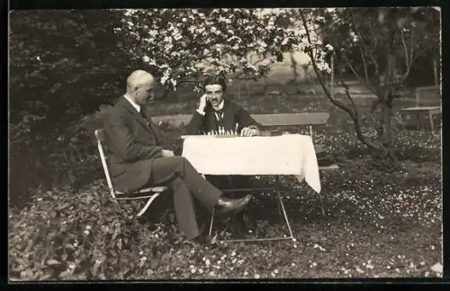 Foto-AK Zwei Herren im Garten beim Schachspiel