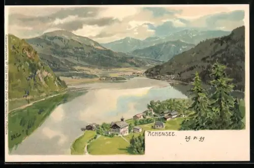 Künstler-AK Edward Theodore Compton: Achensee, Panoramablick auf Dorf, See und Berge