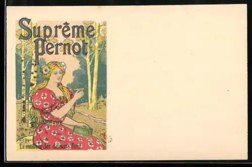 Künstler-AK Reklame für Suprême Pernot, Le meilleur des desserts fins, Junge Frau mit Keksdose, Jugendstil