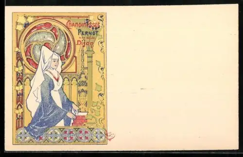Lithographie Pernot, Mittelalterliche Dame, Reklame, Jugendstil