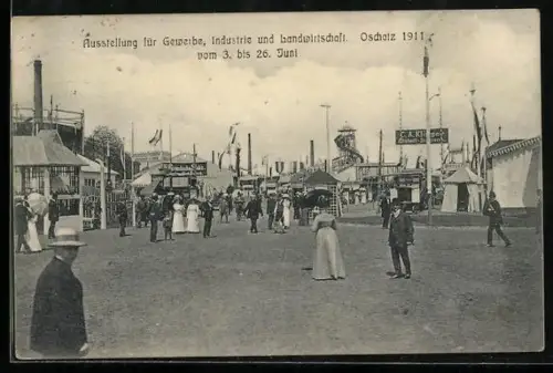 AK Oschatz, Ausstellung für Gewerbe, Industrie und Landwirtschaft 1911, Blick auf das Ausstellungs-Gelände