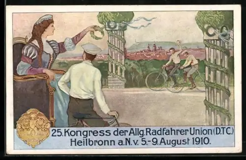 AK Heilbronn a. N., 25. Kongress der Allg. Radfahrer Union 1910, Drei Fahradfahrer und grüssende Frau