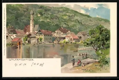 Lithographie Wolfratshausen, Ortsansicht mit Uferpartie