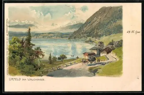 Künstler-AK Edward Theodore Compton: Urfeld am Walchensee, Uferpartie und Strasse mit Pferdewagen