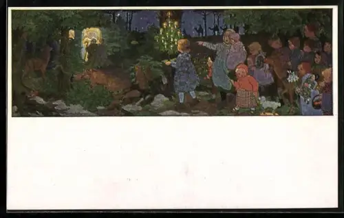 Künstler-AK Gertrud Caspari: Weihnachtsglück, Leute mit Kindern schauen zur Krippe