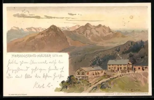 Künstler-AK Edward Harrison Compton: Herzogstand-Häuser, Pächter Anton Fuchs