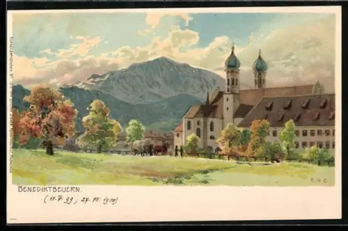 Künstler-AK Edward Harrison Compton: Benediktbeuern, Kloster und Gebirgspanorama