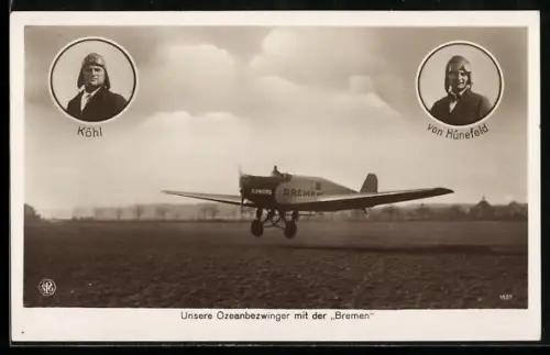 AK Ozeanbezwinger Köhl und von Hünefeld mit dem Flugzeug Bremen