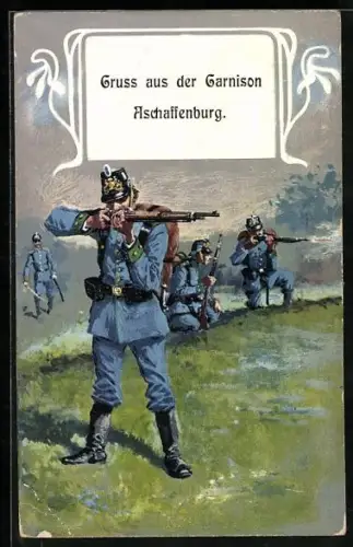 AK Aschaffenburg, Regimentssoldaten in Uniform schiessen mit Gewehren