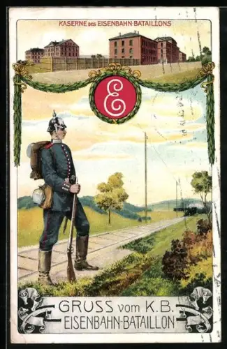 Künstler-AK K. B. Eisenbahn-Bataillon, Soldat in Uniform mit Kaserne