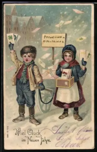 Lithographie Kinder verkaufen Ansichtskarten zu Neujahr