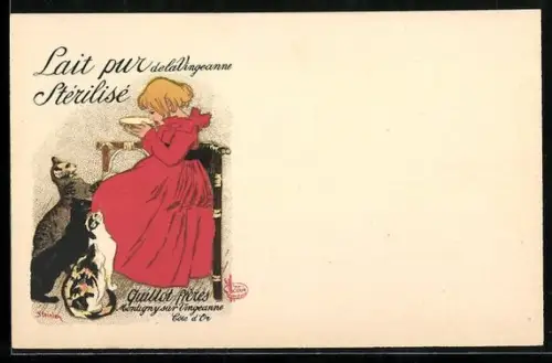 Künstler-AK sign. Steinlen: Montigny sur Vingeanne, Lait pur stérilisé, Quillot Frères, Mädchen mit Katzen, Jugendstil