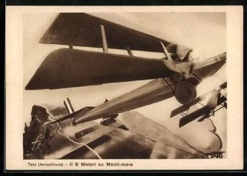 Künstler-AK sign. Tato / Guglielmo Sansoni: Il 6 Motori su Monti-mare, Aeropittura, Futurismus