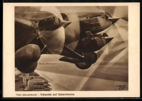 Künstler-AK sign. Tato / Guglielmo Sansoni: Volando sul Calambrone, Aeropittura, Futurismus