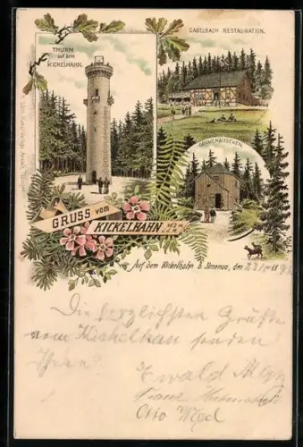 Vorläufer-Lithographie Ilmenau, 1895, Gabelbach Restaurant, Goethehäuschen, Kickelhahn