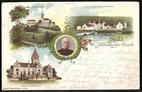 Vorläufer-Lithographie Hummelshain, 1895, Schloss Fröhliche Wiederkunft, Portrait Ernst Herzog von Sachsen-Altenburg