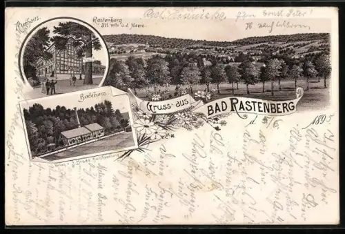 Vorläufer-Lithographie Bad Rastenberg, 1895, Panorama, Kurhaus und Badehaus