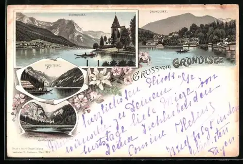 Vorläufer-Lithographie Grundlsee, 1894, Töplitzsee und Kammersee