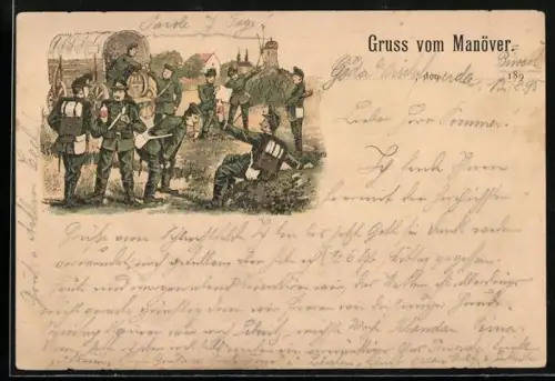 Vorläufer-Lithographie Gruss vom Kaisermanöver, 1895, Soldaten bei der Rast