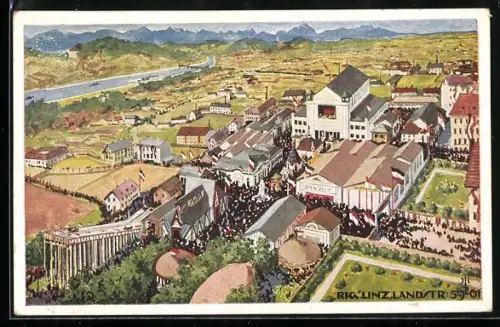 AK Linz, Allgemeine Austtellung 1924, Blick über das Ausstellungsgelände mit Bierzelt