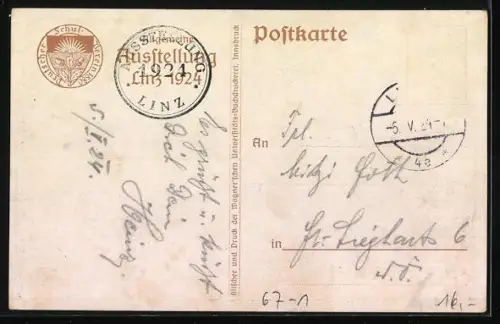 AK Linz, Allgemeine Austtellung 1924, Blick über das Ausstellungsgelände mit Bierzelt