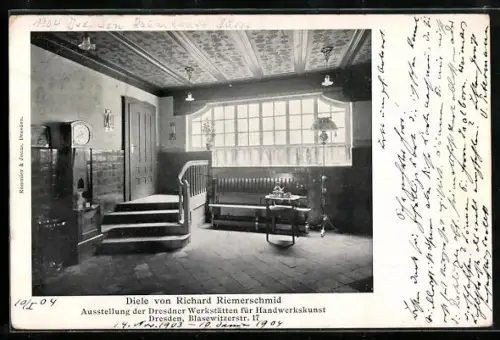AK Dresden, Ausstellung der Dresdner Werkstätten für Handwerkskunst - Diele von Richard Riemerschmid, Jugendstil