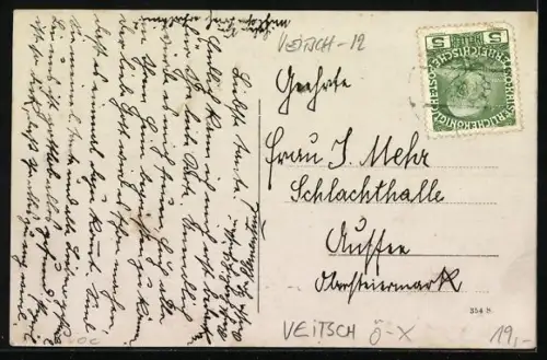 Foto-AK Veitsch, Strassenpartie mit Kutsche neben der K.k. Gendarmerie