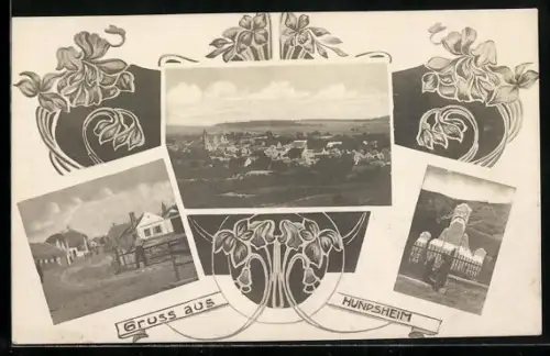 AK Hundsheim, Totalansicht, Strassenpartie und Denkmal im Blumen-Passepartout