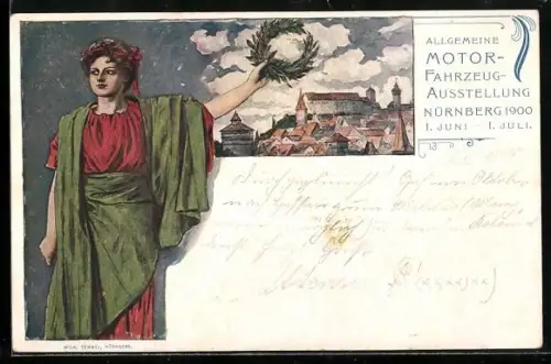Künstler-AK Nürnberg, Allgemeine Motorfahrzeug-Ausstellung 1900, Frau mit Lorbeerkranz, Ganzsache
