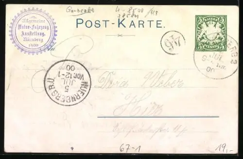 Künstler-AK Nürnberg, Allgemeine Motorfahrzeug-Ausstellung 1900, Frau mit Lorbeerkranz, Ganzsache