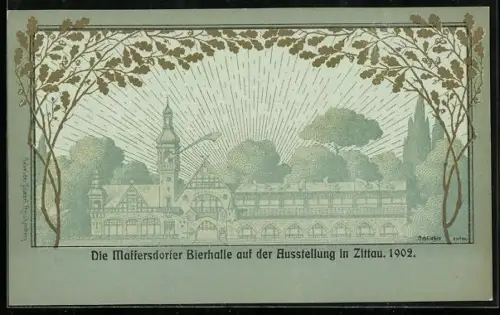 Lithographie Zittau, Maffersdorfer Bierhalle auf der Ausstellung 1902