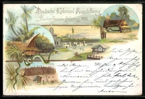 Lithographie Berlin, Gewerbe-Ausstellung & Deutsche Kolonial-Ausstellung 1896, Afrikanisches Dorf