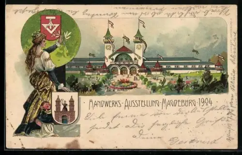 Lithographie Magdeburg, Handwerks-Ausstellung 1904, Ausstellungshalle, Germania mit Ölzweig, Wappen