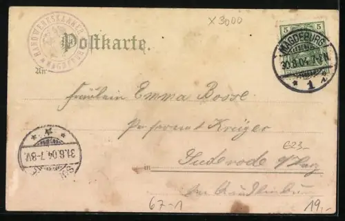 Lithographie Magdeburg, Handwerks-Ausstellung 1904, Ausstellungshalle, Germania mit Ölzweig, Wappen