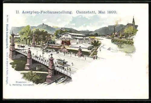 AK Cannstatt, II. Acetylen-Fachausstellung 1899, Brückenpartie mit Strassenbahn