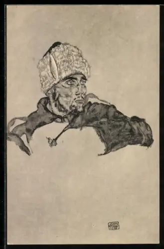 Künstler-AK sign. Egon-Schiele: Bärtiger Mann mit Fellmütze
